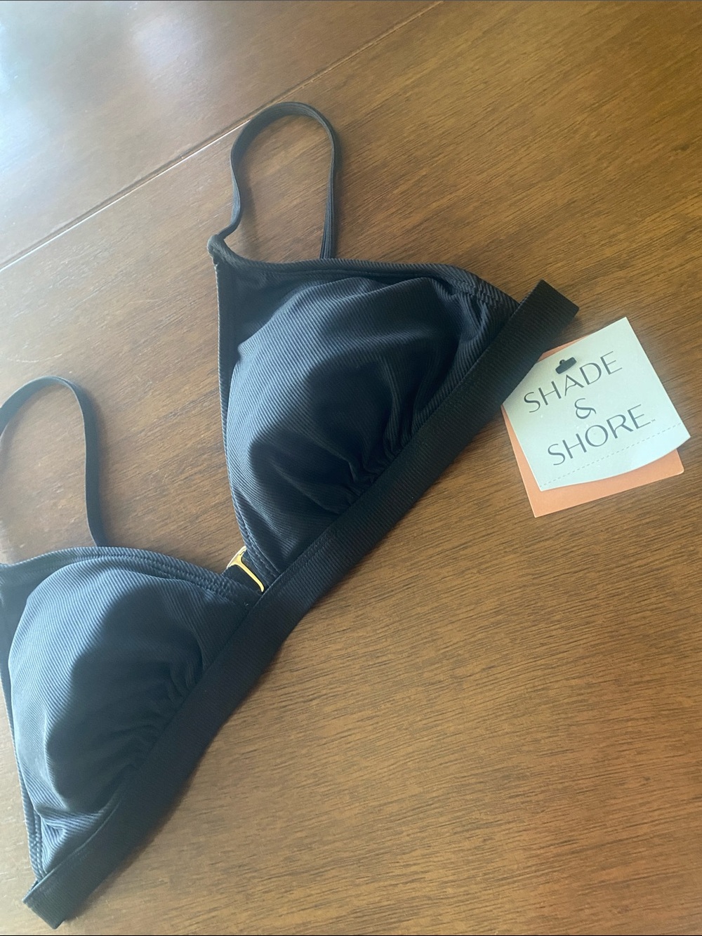 Shade & Shore Solid Black Ribbed Triangle Bikini Top Size L(12-14)